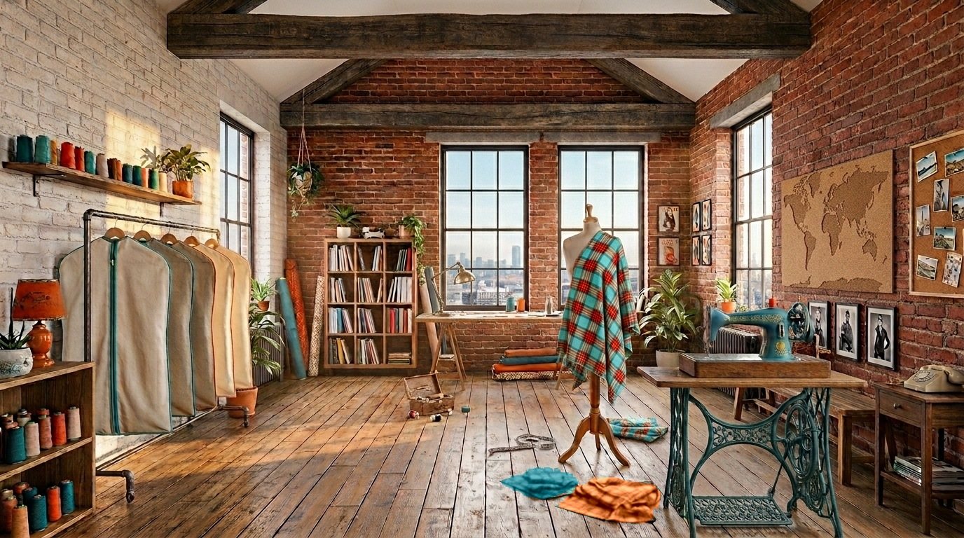 Caitlin's studio: a warm loft with exposed brick, wooden beams, a garment rail, a mannequin and a teal sewing machine